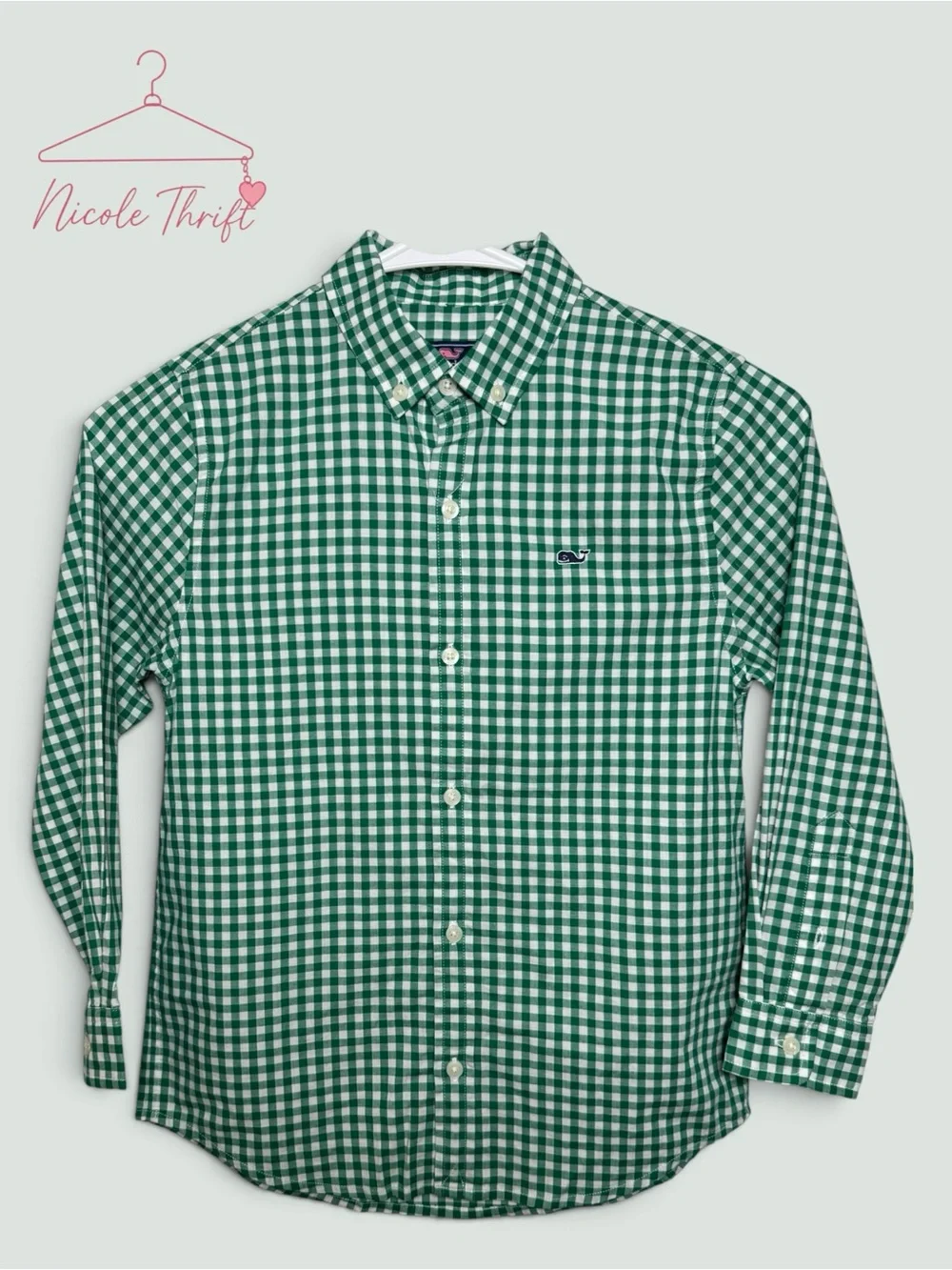 Vineyard Vines Boys Green Gingham Whale Shirt Size 7